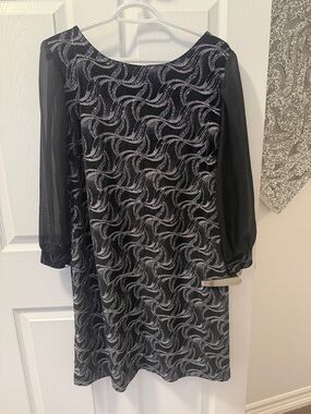 Black Dress with Silver Wave Pattern and Sheer Long Sleeves